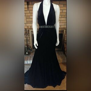 Jovani Black Velvet Halter Dress w/ Beaded Waist